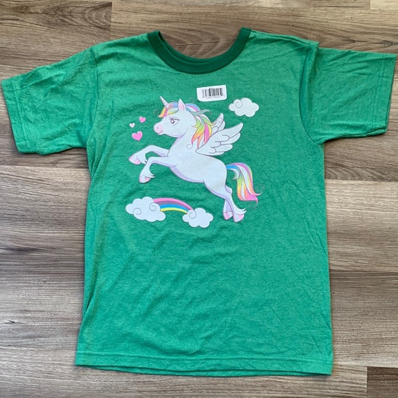 Green Unicorn Rainbow Top Kids Medium M Anvil Green T-shirt Short Sleeve New - Picture 1 of 5